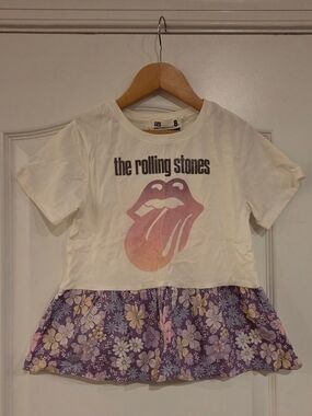 The Rolling Stones Girls' White Tee with Purple Floral Peplum Size:8